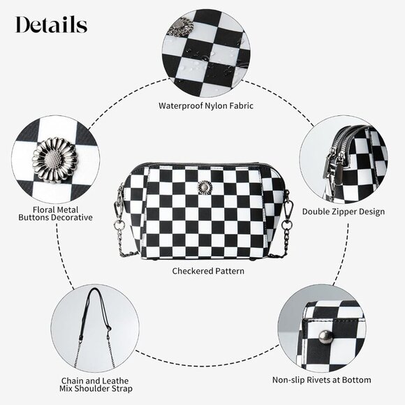 Chic Black and White Checkered Nylon Crossbody Bag for Everyday Elegance - Picture 6 of 8